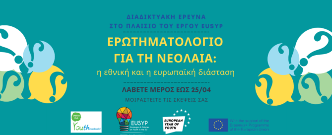 Banner με τίτλο "Ερωτηματολόγιο για τη Νεολαία" στο πλαίσιο του έργου EUSYP.